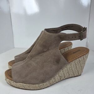 George Wedge Espadrilles Taupe Faux Suede Open Toe Sandals